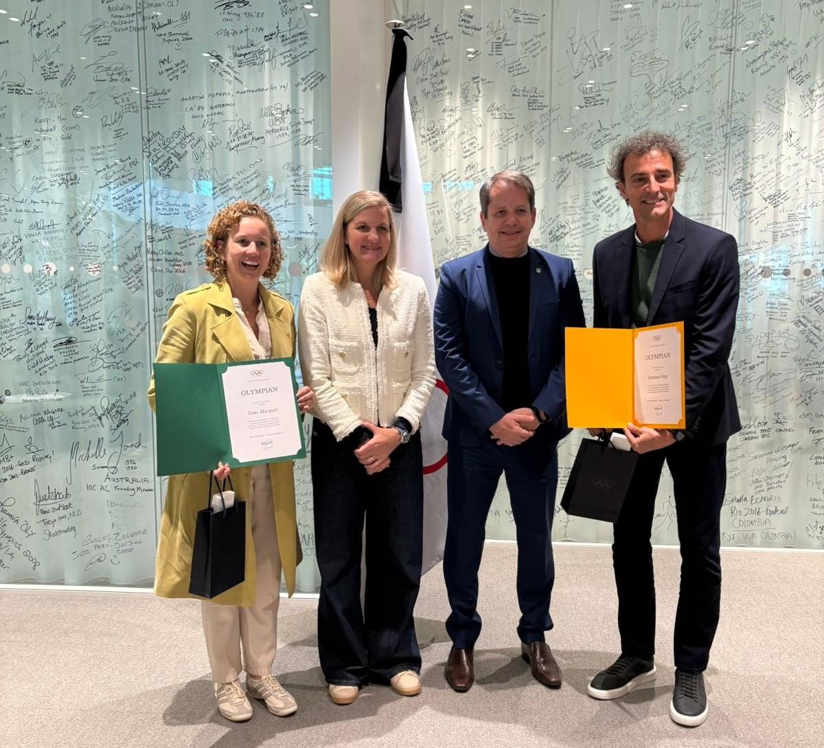 Yane Marques e Emanuel Rego assinam Muro Olímpico na sede do COI e marcam a nova era de gestão do COB